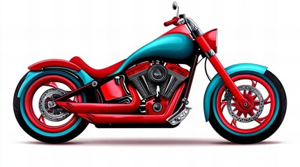 Red and teal motorcycle features detailed engine components and custom wheel rims on a white background.