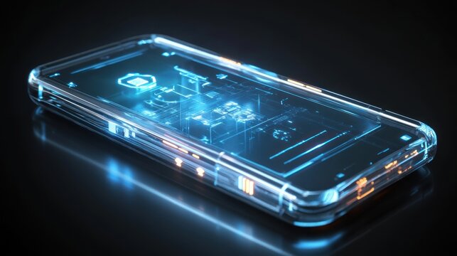 A futuristic transparent smartphone with a holographic display --ar 16:9 --v 6.1 Job ID: b8026c63-c196-4b29-b17f-6a82636c2879