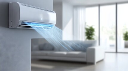 A air conditioner hangs on the wall in a bright room and cools the room	