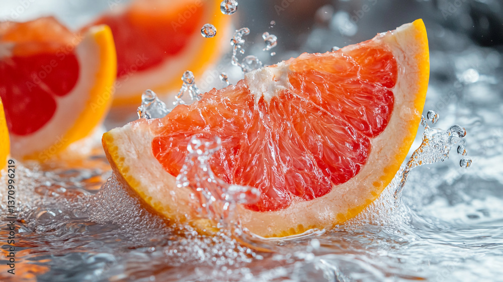 Poster grapefruit segments with water splashes showing freshness and vibrant color on a light surface