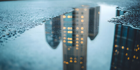 Urban Reflection: Skyscrapers Mirrored in a Puddle