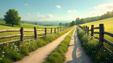Fototapeta premium a serene countryside road lined with old wooden fences, surrounded by lush green fields and wildflowers swaying gently in the afternoon breeze