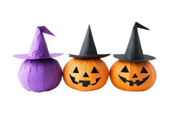 Colorful Halloween pumpkins and witch hat decorations for festive autumn celebrations featuring spooky designs and vibrant colors