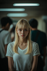Fototapeta premium Close-up portrait of a young woman with long blonde hair and bangs. She has a serious, pensive expression. The background is intentionally blurred, showing a crowd of people out of focus. The image