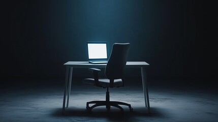 Minimal scene of laptop on desk with empty chair spotlighted in dark room