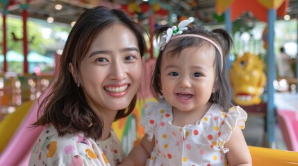 Joyful Mother and Daughter at the Amusement Park