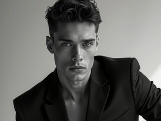 A young male with curly hair wearing a black blazer, face blurred, in a formal, monochrome setting