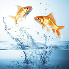 The image showcases two vibrant orange goldfish in mid-leap, creating a dynamic splash of water.  The water droplets are depicted with high clarity, showcasing their translucent quality and the