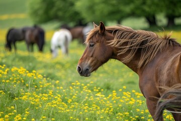 Obraz premium Horse in the field. Elegant Brown Horse Stands Gracefully in Verdant Field of Yellow Wildflowers. Horses.