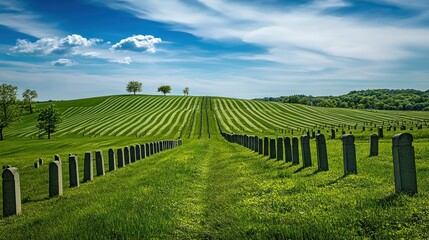 Fototapeta premium Cemetery with orderly rows of headstones, green hills, and blue sky.