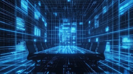 Futuristic Conference Room with Digital Data Visualizations