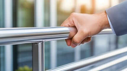 Hand of man in formal suit firmly holding metal railing for stability and support