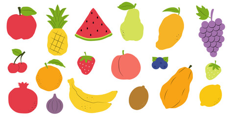 Fruit collection in flat hand drawn style. Vector fruits icon set isolated on white background