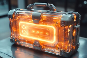 A secure briefcase with built-in electronic defense mechanisms, glowing with energy as it locks automatically in response to potential threats