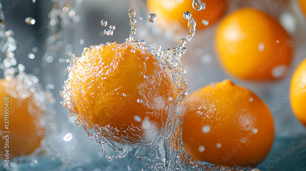 Poster a group of oranges being splashed with water creating droplets in a bright and vibrant scene