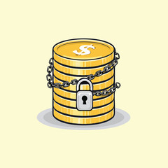 Stack of gold coins with dollar sign, chain and padlock. Finance security