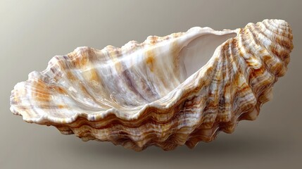 Detailed close-up of a large, textured seashell with beautiful patterns on a neutral background