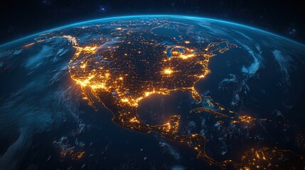 Fototapeta premium Nighttime aerial view of north america with city lights illuminated from space