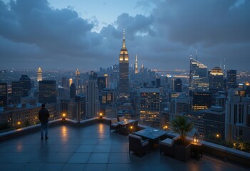 Obraz premium New York City skyline at dusk from rooftop terrace with city lights glowing