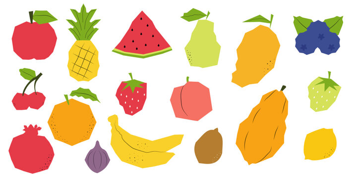 Fruit collection in paper cut style. Vector fruits icon set isolated on white background