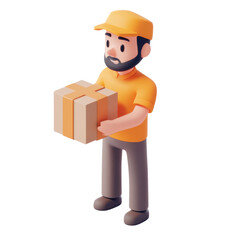 isometric 3d courier holding a package, png illustration on transparent background