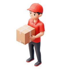 isometric 3d courier holding a package, png illustration on transparent background