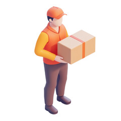 isometric 3d courier holding a package, png illustration on transparent background