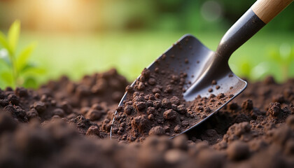 Digging a Hole for Tree Planting: Shovel in Fertile Soil with Seedling in the Background