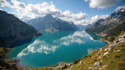 Fototapeta premium A detailed photo of Lake Silvaplana in Switzerland, Europe, during mid-day with cloudy weather, captured from an overhead view showing expansive water and mountain scenery.