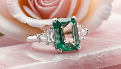 stunning emerald cut ring featuring large green gemstone flanked by two smaller clear stones, set polished silver band, resting soft pink surface with rose background. elegant design evokes