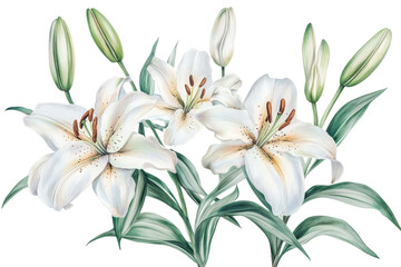 Fototapeta premium Elegant blooming lilies with fresh buds in full bloom isolated on transparent background