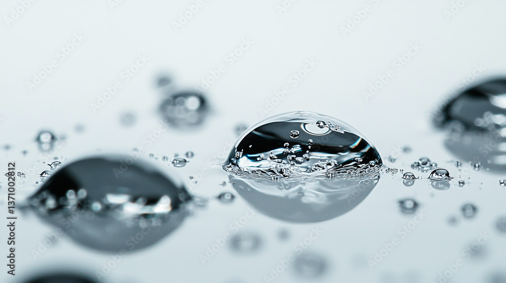 Poster close up of several water droplets on a white surface with reflections and small bubbles visible