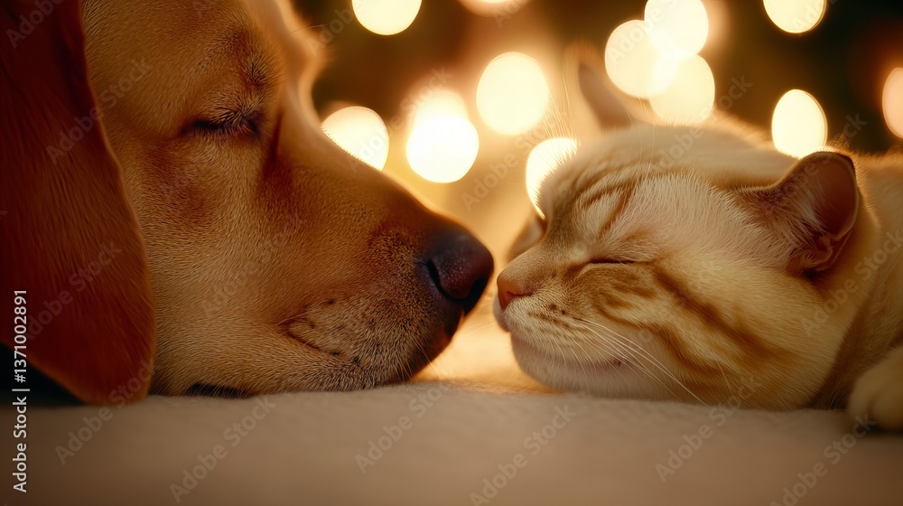Poster sleeping dog and cat rest closely together on a soft surface against a background of blurred lights.