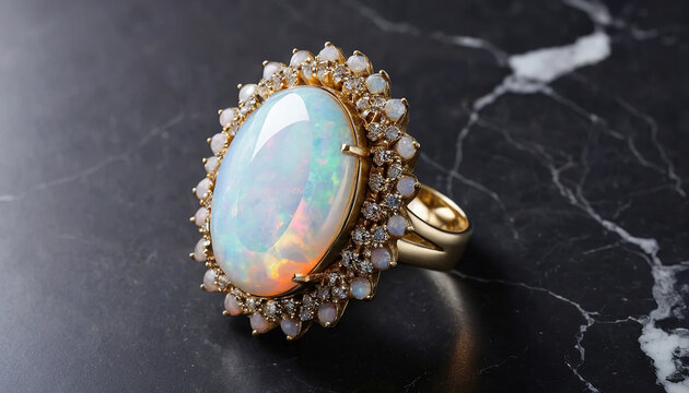 stunning gold ring featuring large opal gemstone surrounded by smaller opals and diamonds, showcasing intricate craftsmanship and elegance. This piece is perfect for special occasions