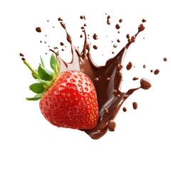 Falling strawberry with chocolate splash isolated on transparent background
