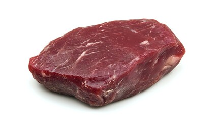 Obraz premium Fresh raw beef steak isolated on white background. Premium cut of red meat showing marbling and texture, ready for cooking or commercial food photography.