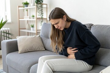 Obraz premium Woman with menstruation and pain period cramps. Women in pain. Hands in belly.