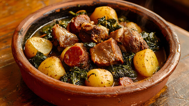 Traditional Galician Lac&oacute;n with Grelos Stew Featuring Potatoes and Succulent Meats in Rustic Dish