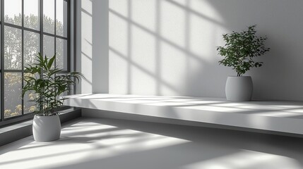 Modern, bright room with plants and shadows