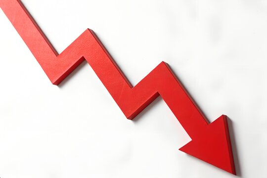 Business red arrow graph down on white background