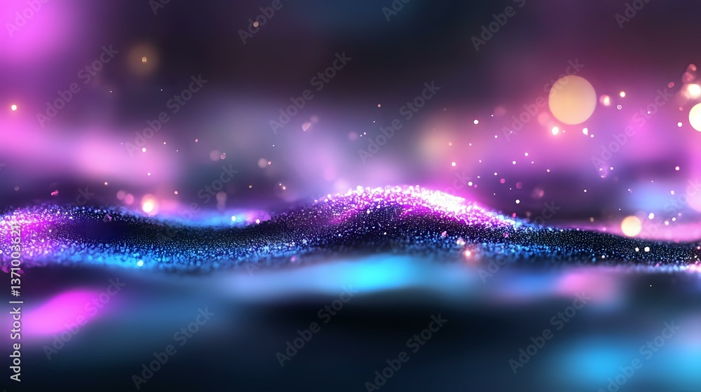 Poster magical glowing particles flow in waves against dark background with pink and blue bokeh lights crea