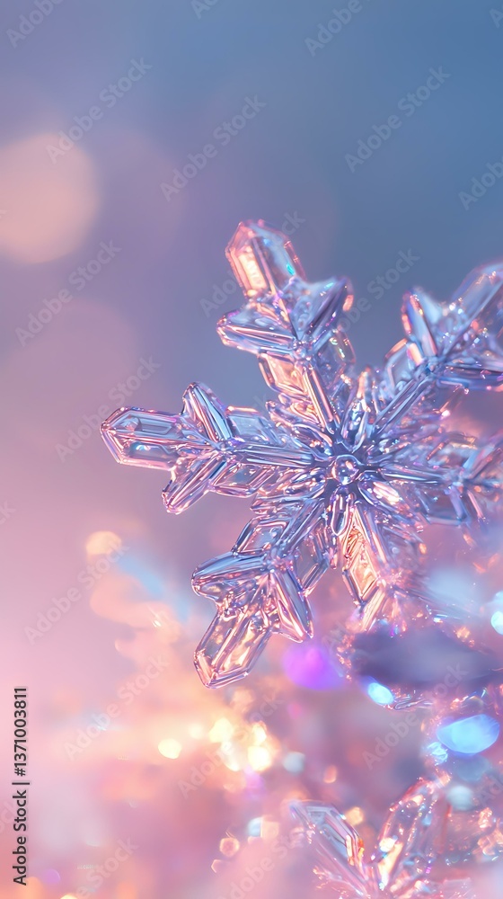 Poster crystalline snowflake macro with soft pink and blue bokeh background creates magical winter atmosphe