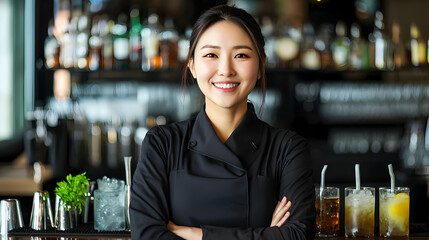 Smiling Asian Woman Bartender At Bar