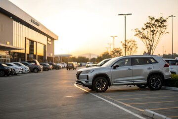 Closeup of rear or back side of pink-gold car with other cars parking in outdoor parking.  Car Parking.