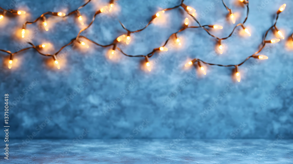 Aufkleber illuminating festive string lights cascade across a textured blue backdrop, casting a warm, inviting