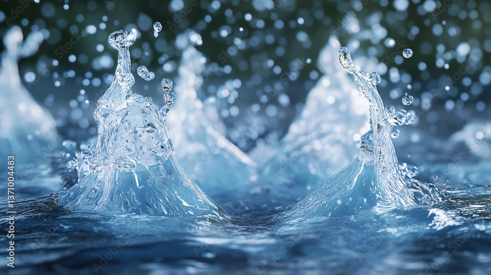 Poster close up of water droplets splashing and creating a crown like shape on the surface of the water bod