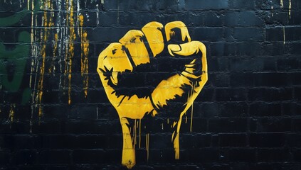 Graffiti-style mural of a raised yellow fist painted on a black brick wall, symbolizing strength, unity, and resistance. 