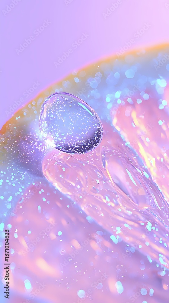 Poster sparkling water drop on iridescent holographic surface with bokeh lights and dreamy pink and purple 