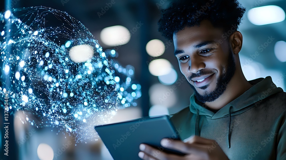 Aufkleber young african american man in hoodie smiling while using digital tablet with glowing blue particle e