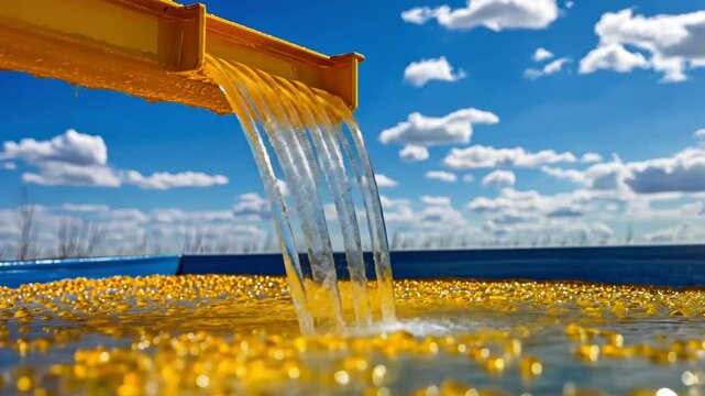 Water Flowing Over Golden Yellow Objects in a Blue Container Under a Sunny Sky
